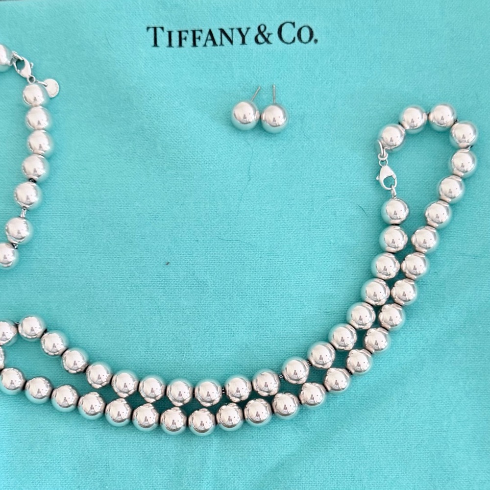 Tiffany & Co. Sterling Silver Bead Necklace and Stud Earrings on Tiffany Blue